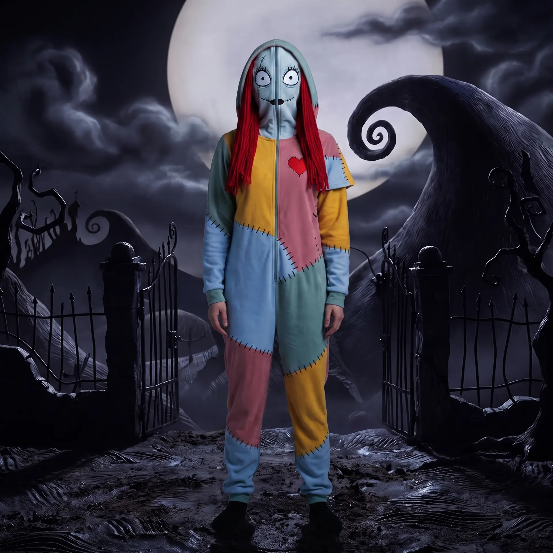 Patchwork pastel hooded fleece onesie with visible stitching and red yarn hair