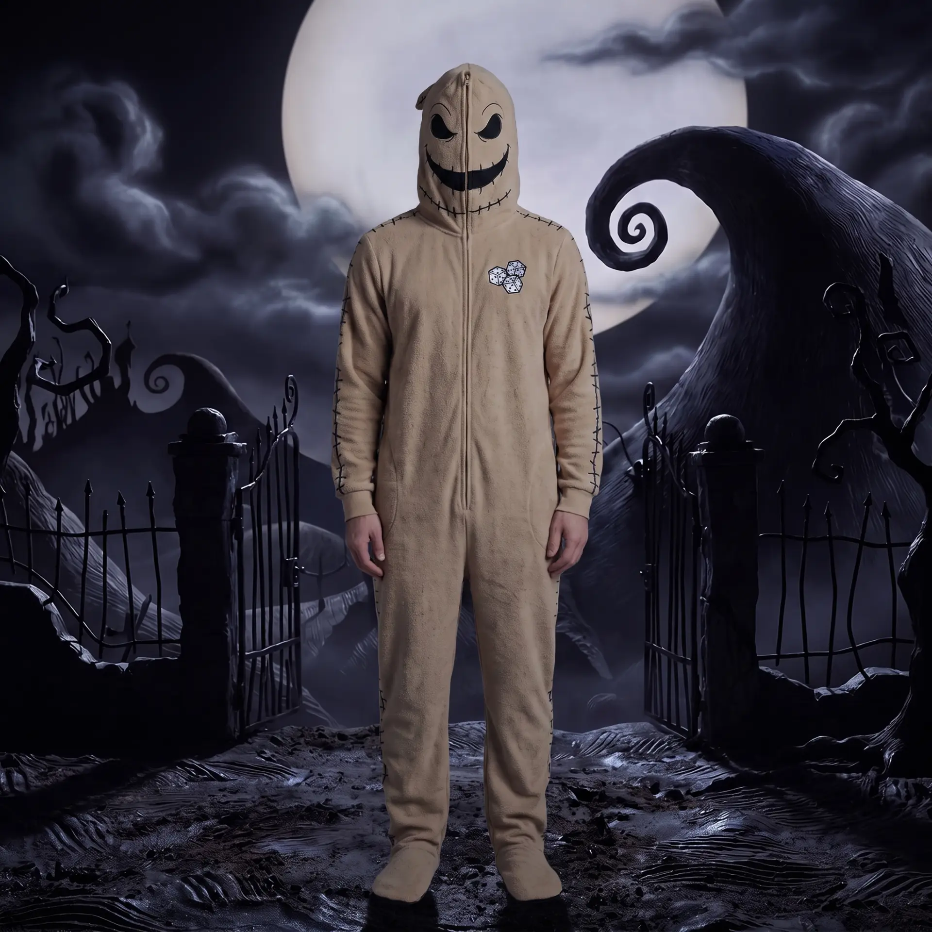 Tan burlap-look hooded fleece onesie with stitched seams and a dice patch