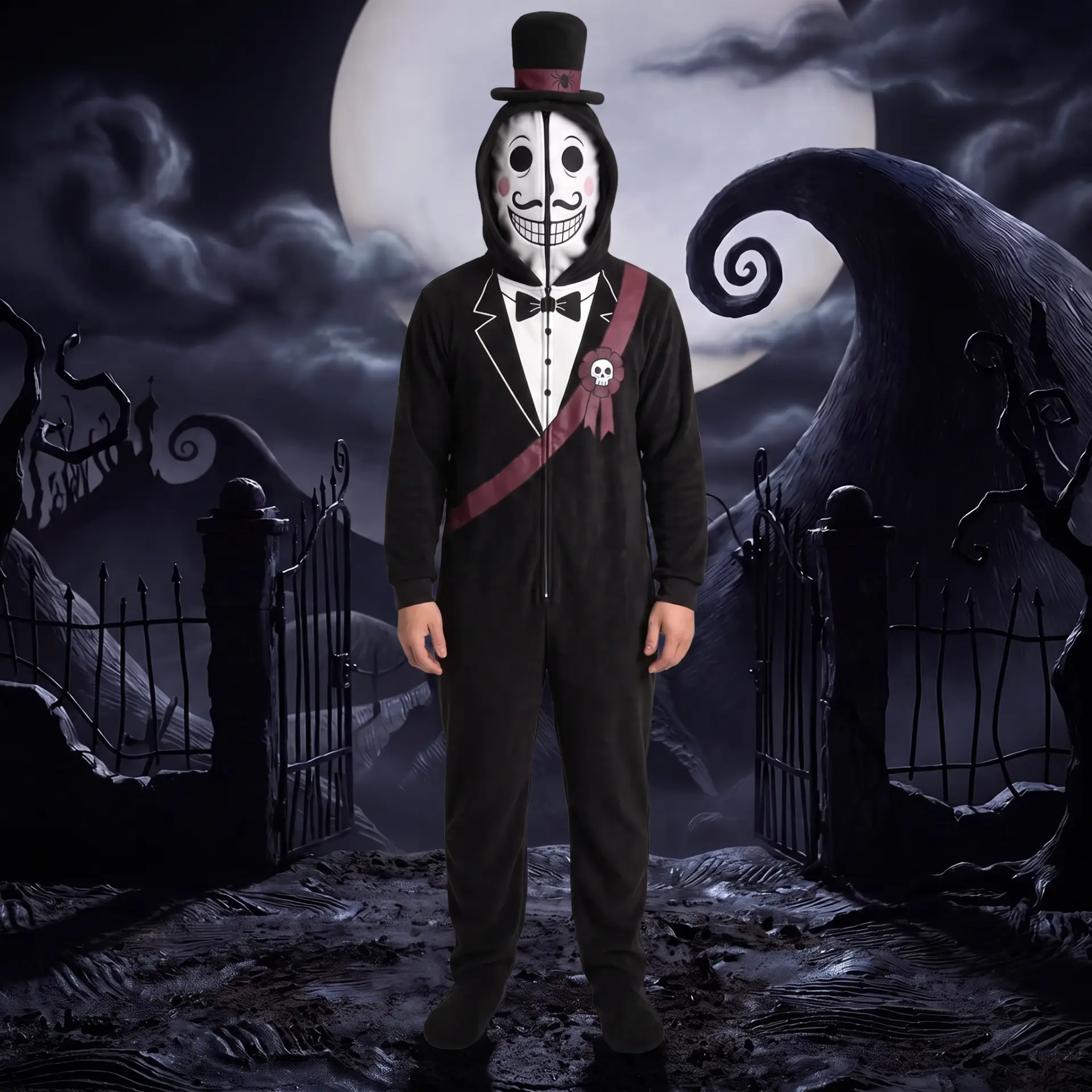 Black tuxedo hooded fleece onesie with a sash, rosette and top hat hood