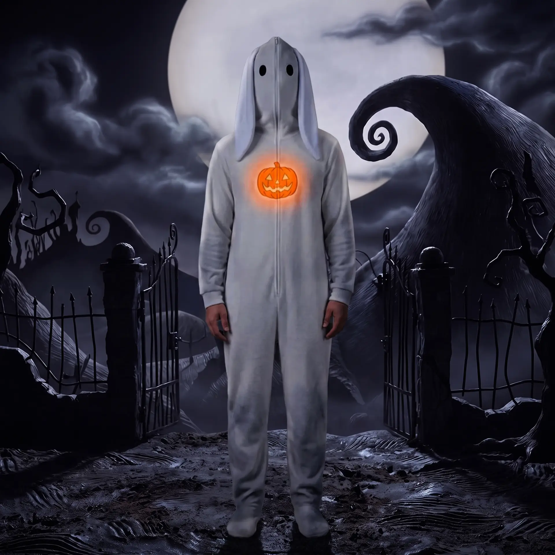 White hooded fleece onesie with floppy ghost ears and a glowing pumpkin on the chest